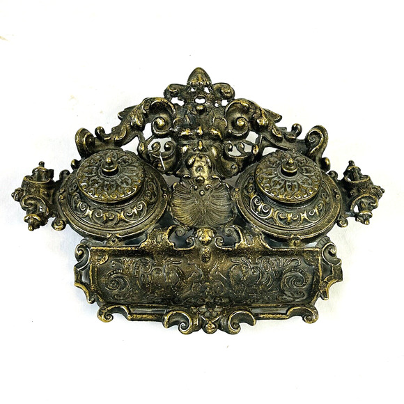 Other - Vintage Antique Art Nouveau Brass Double Inkwell w/ Pen Tray & Ink Pots